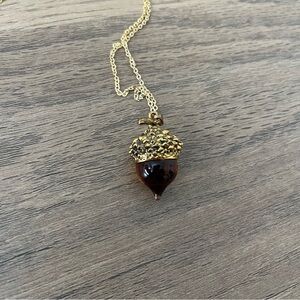 Amber Glass & Gold-Tone Acorn Pendant 32-34" Chain Necklace Autumn Fall